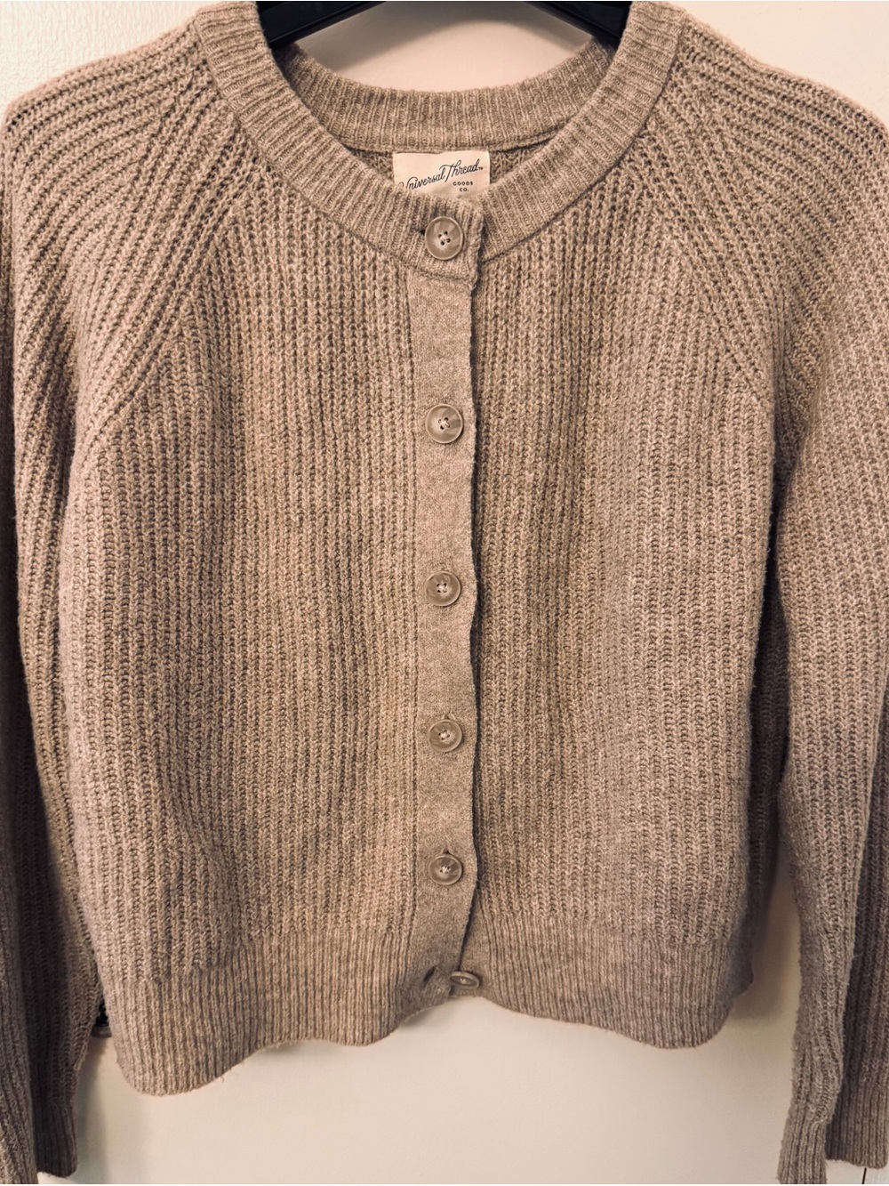Universal Thread Cozy Taupe Ribbed Button-Up Crewneck Cardigan